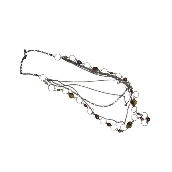 Multistrand Beaded Boho Glam Rope Length Necklace Brown Silver - Picture 5 of 8